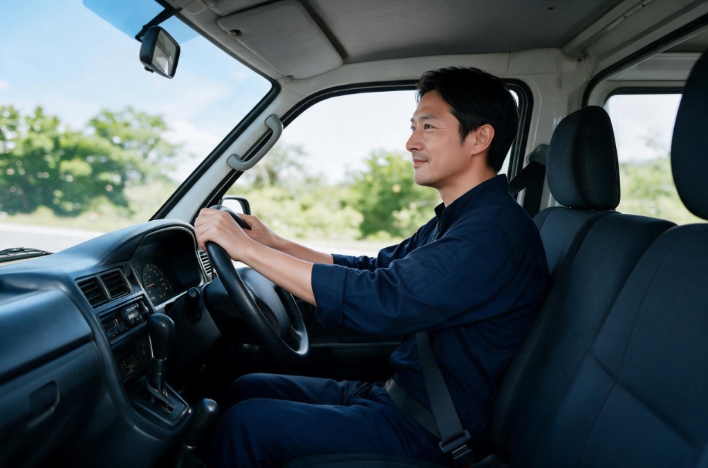 サービスカーを運転して現場へ向かうスタッフ