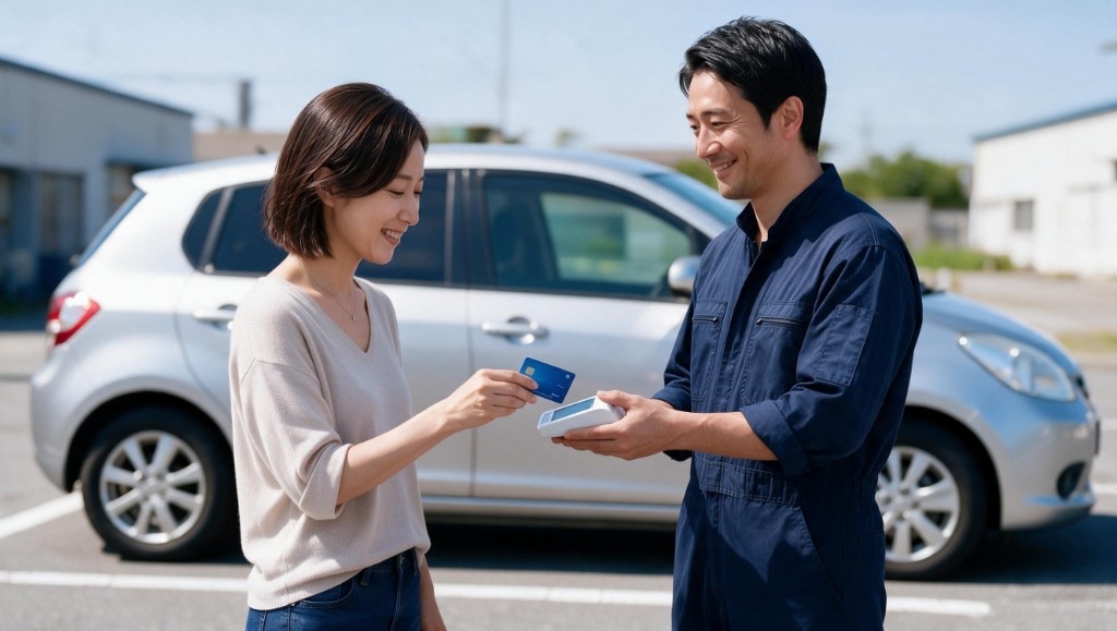 作業後にクレジットカードで支払う女性とスタッフ